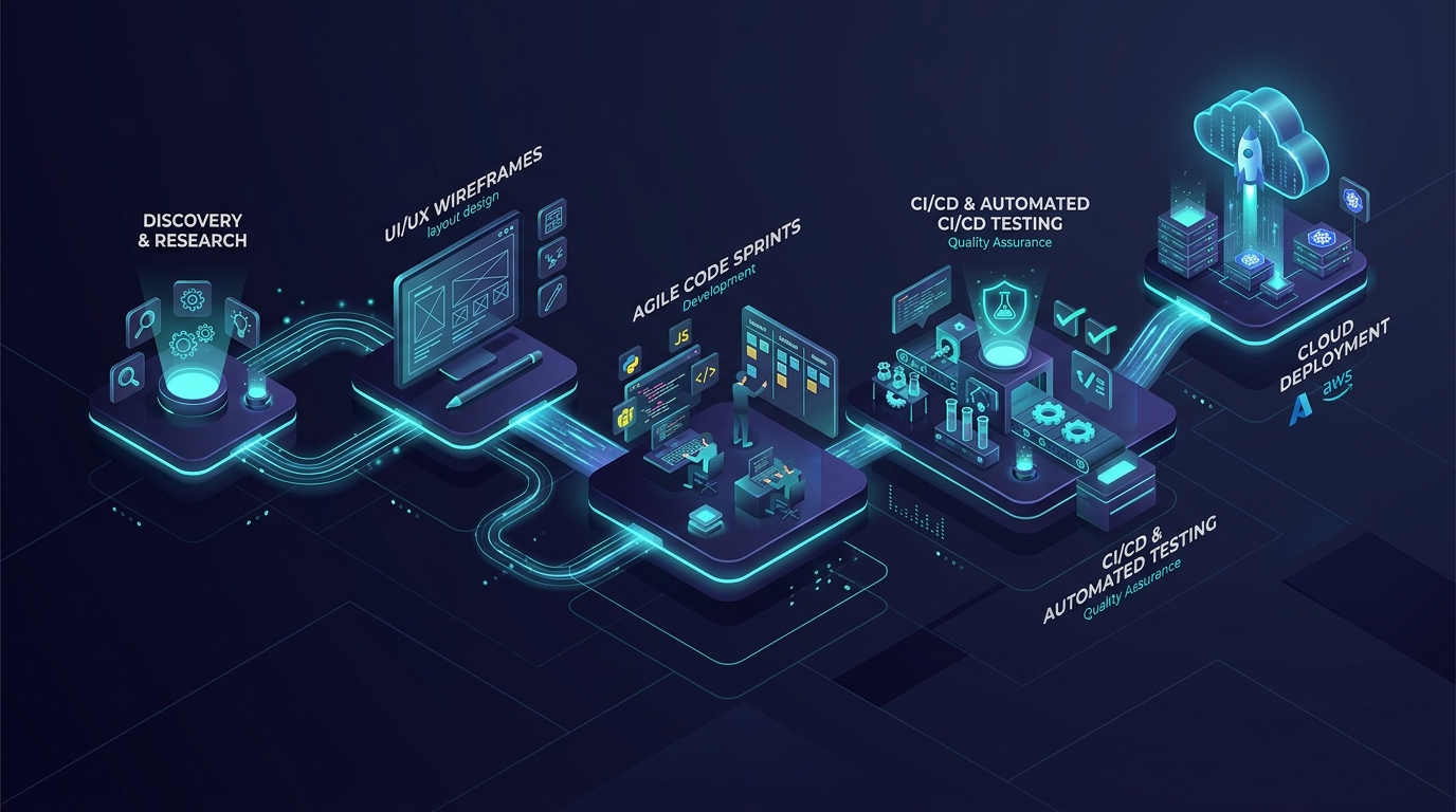 ZyphTech Systems Engineering Delivery Process Pipeline — Discovery, Wireframes, Agile Code Sprints, Automated CI/CD Testing, and Cloud Deployment